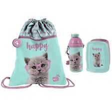 Gatto Happy Set Sacca Borsa Zaino Piatto Box Portamerenda Borraccia 500ml