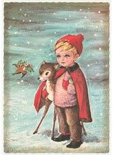 bambino cerbiatto uccello agrifoglio cartolina vintage Buon Natale