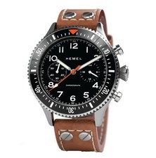 HEMEL HFT20 Cronografo Meccanico Quarzo Acciaio Marrone Pelle Nero Orologio Uomo