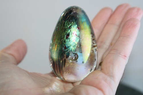 Peacock iridescent glass egg - glass,