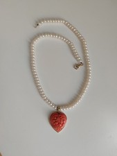 Collana Di Perle Con Cuore Di Corallo In Oro 18 Carati Gioiello Vintage Lusso