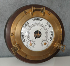 Oblò Barometro Stazione Meteo Legno Mogano Ottone Vintage 30cm Parete Muro Raro