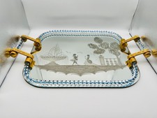 ✨ Vassoio Specchio Murano Vassoio Anni 50 Incisione e Manici Oro Vintage Italia