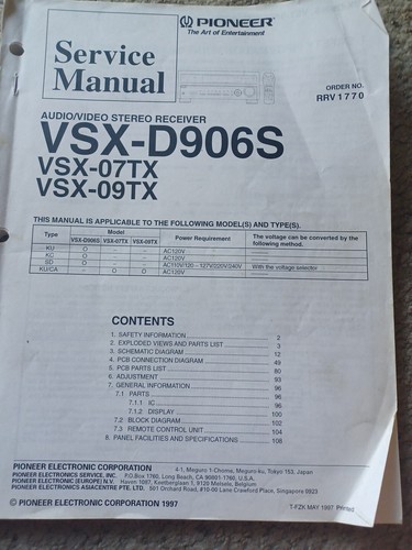 Pioneer vsx d906s vsx07tx - vsx-d906s, -vsx07tx