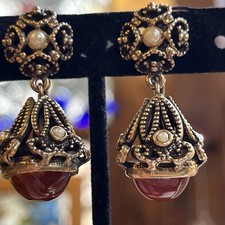 Orecchini pendenti vintage etruschi goccia corniola e perle filigrana vite retro