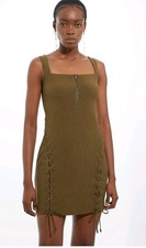 Mini Abito Karen Millen Forma Figura Dettaglio Lacciato Tessuto Taglia 8 In Oliva