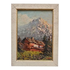 *HH* Antico Quadro Olio Tavola Paesaggistico Paesaggio Montagna Baita Alpi Monte