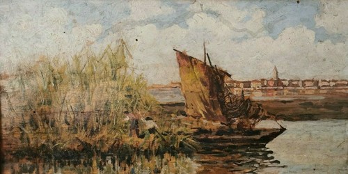 Barca sul fiume - fiume, dipinto
