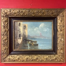 quadro dipinto a olio su tavola paesaggio Napoli con cornice in stile antico 900