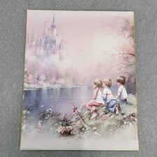 Stampa artistica litografia bambini pesca scena castello 1989 vintage 20x16 Disney 