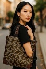 Borsa tote FENDI Zucca - marrone nero jacquard pelle tote bag pelle X03-0358