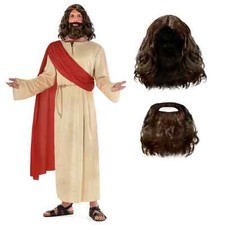 Costume Gesù Uomo Adulto Cristo Accappatoio + Parrucca Barba Abito Fantasia Religioso