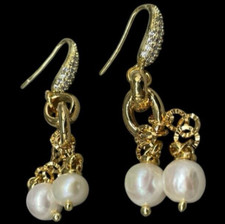 ORECCHINI DONNA PENDENTI DI PERLE NATURALI BIANCHE MULTIFILO COLOR ORO E FIRMATI