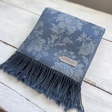 SFERRA Sandoval Blu FLOREALE DAMASCATO Jacquard LANA MERINO Coperta Lancio Frangia HTF