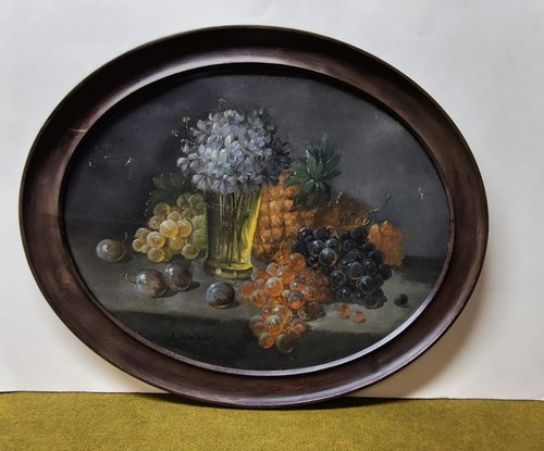 Quadro ovale con uva fiori - e,