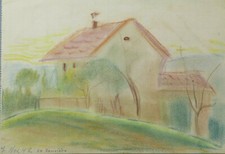 DISEGNO ANTICO LA LOUVIERE BELGIO VEDUTA CASE CAMPAGNA SCIZZO BOZZETTO BM53.6C