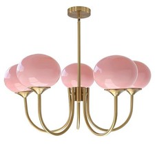 5-Light Pink Glass Ceiling Light Brass Gold Globe Pendant Light Pink 5-Light