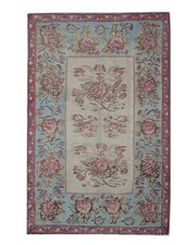 Tappeto Kilim Bessarabia rosa e blu 1870 lana floreale tessuto piatto 176x271 cm