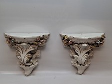 Bassano Coppia Piccole  Consolle Mensole Da Parete In Ceramica Con Fiori Vintage