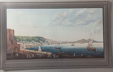 Napoli dalla Spiaggia di Chiaia Gouache .Riproduzione di stampa a colori 41,x68