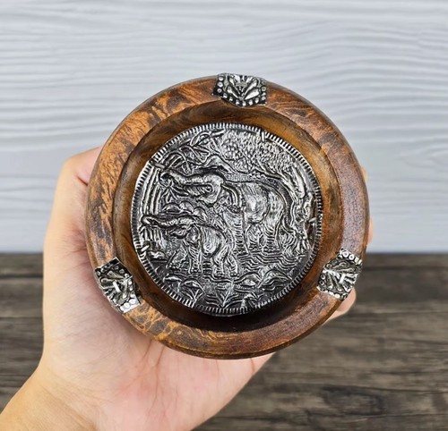Wooden carved ashtray with - carved,