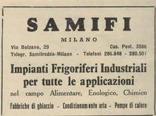 Pubblicita'  Vintage Originale anni '50 : Impianti Frigoriferi Samifi- Milano