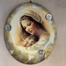 Quadro Madonna con bambino legno da parete ovale con applicazioni di argento 925