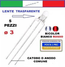 diodo led bicolore bianco/rosso 3pin catodo/anodo comune ø 3 lente trasparente