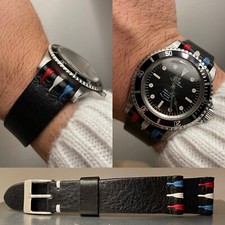 20mm genuine Black Leather watch Strap with France stiches for vintage watch gmt