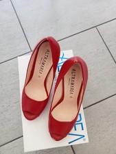 SCARPE DECOLTE SPUNTATE TACCO ALTO E GROSSO  10 CM PELLE ROSSA E CUOIO 36