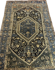 Tappeto persiano Heriz fatto a mano in lana 205x130 cm blu nero orientale