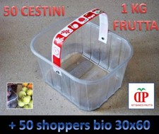 50 CESTINI CONTENITORI ORTOFRUTTA PLASTICA PP 1KG CON MANICO + 50 SHOPPERS 30x60