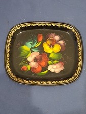 Vassoio In Metallo Smaltato Dipinto A Mano Con Decori Floreali Made Russia USSR
