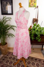 %Vendita% Vintage 70er Vestito Estivo Rosa Motivo Collo Pieghe Marilyn Discoteca