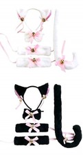 Set Gatta Orecchie Farfallina Polsiere Coda Costume Halloween Carnevale K.3244