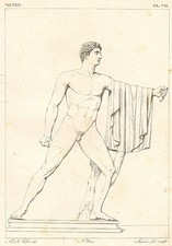 Antica stampa del 1800 (1832) Atleta, statua proveniente dalla casa Farnese Nudo