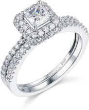 Fede Nuziale Fidanzamento 2,70 Ct Principessa Vero Oro Bianco 14K Fascia Abbinata