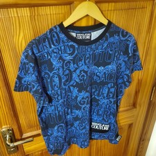 VERSACE JEANS COUTURE T-shirt uomo logo barocco tutto 100% cotone blu taglia M