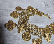 bracciale charm moneta vintage multi catena tono oro 8,5" gioielli etruschi