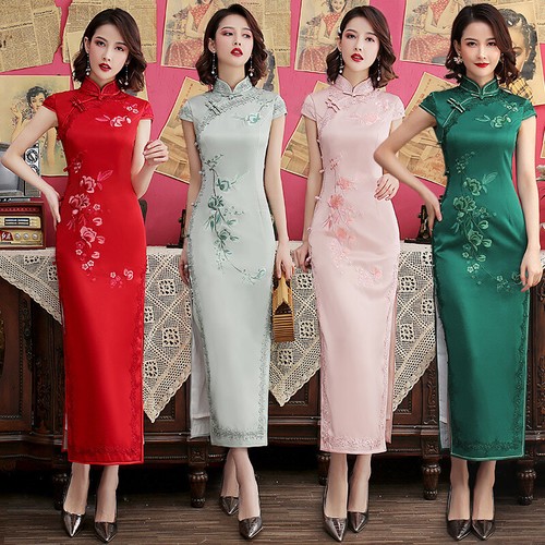 Abito lungo ricamato cheongsam - abito,