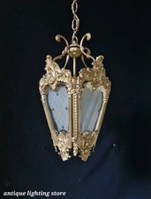 Lampada a sospensione lanterna da soffitto antica vintage ornata ottone e vetro ciottolato