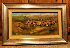 QUADRO FIRMATO CASETTE IN MONTAGNA CON CORNICE LEGNO COLORE ORO CON VETRO 52x82