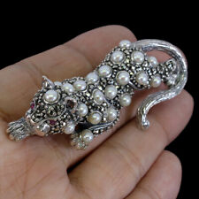 925 Argento Sterling Spilla Rotondo Perla Marcasite Naturale Gemma Gioielli