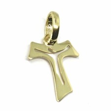 CIONDOLO CROCE TAU IN ORO GIALLO 18K, SAN FRANCESCO CON CRISTO, 2.1 O 2.6 CM