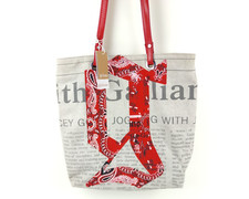 GALLIANO BORSA TOTE STAMPA GIORNALE LOGO ROSSO MANICI IN PELLE MADE IN ITALY