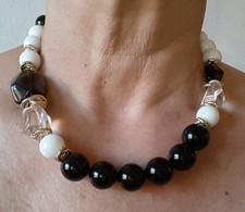 Collana donna pietre dure naturali:agata nera e bianca,quarzo cristallo e smoky
