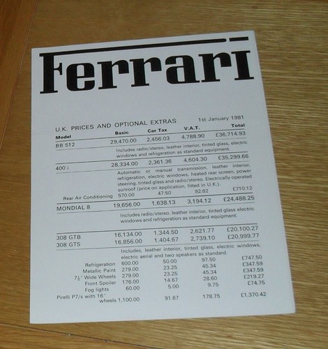 Listino prezzi gamma - , ferrari