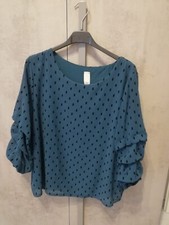 Blusa Camicia Camicetta Color Ottanio Blu A Pois Nero, Manica Arriciata Italian 