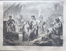 Stampa antica Venezia Ponte Rialto Mercato pesci xilografia originale 1866