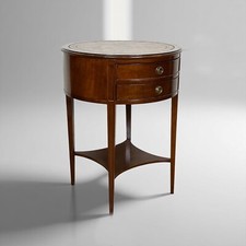Tavolino Tavolo Rotondo stile Antico Comodino in legno piano pelle vintage 